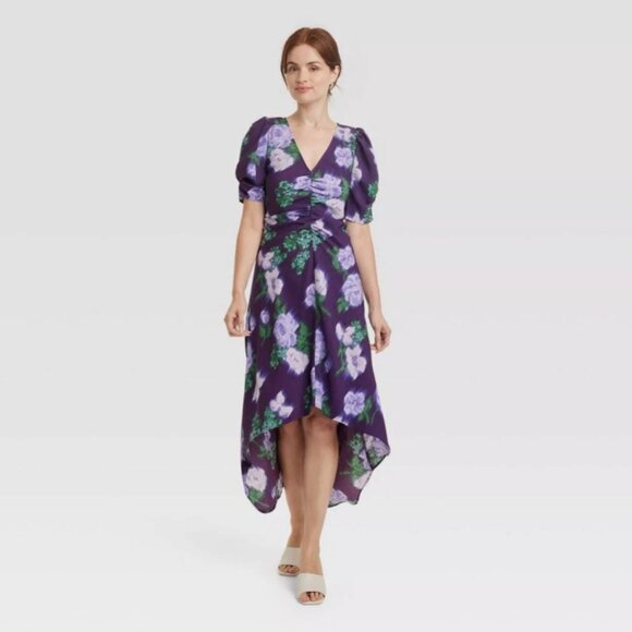 A NEW DAY Purple Floral Hi-Low Crepe Dress w/Ruched Sleeves - Picture 1 of 2